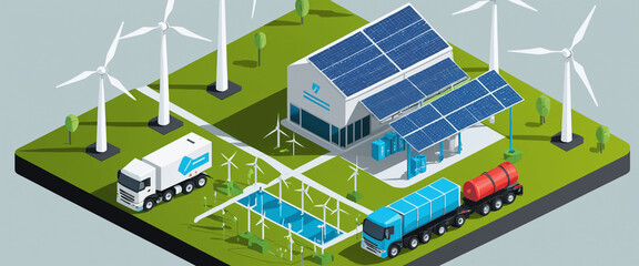 solar power and wind power generating energy to fuel cars and buses using hydrogen fuel as a green energy and renewable energy concept.