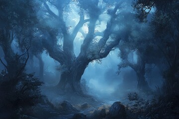 Fototapeta premium A mysterious forest shrouded in thick fog, with muted tones, tall ancient trees, and shafts of light breaking through the mist, evoking a cinematic and atmospheric vibe.