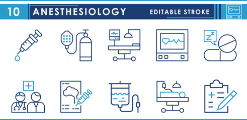 A set of line icons related to Anesthesiology. Medical team, operating monitor, heart monitor, pills, nerve block diagram, and so on. Vector editable stroke.