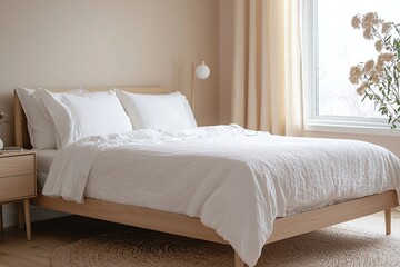 Minimalist, Scandinavian interior design in a bedroom with a bed. Generative AI
