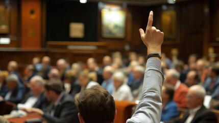 Person's raised hand, audience, indoor meeting.