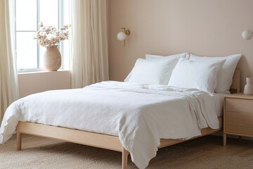 Minimalist, Scandinavian interior design in a bedroom with a bed. Generative AI
