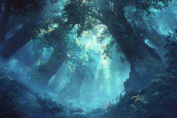 Obraz premium A mysterious forest shrouded in thick fog, with muted tones, tall ancient trees, and shafts of light breaking through the mist, evoking a cinematic and atmospheric vibe.