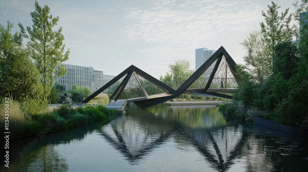 Poster a sculptural pedestrian bridge with zigzagging pathways and angular supports, spanning a calm urban 