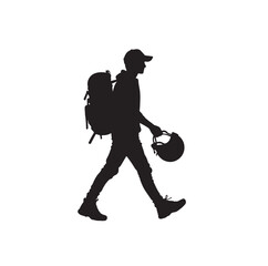 a man walking while holding a backpack and a helmet silhouette vector illustration