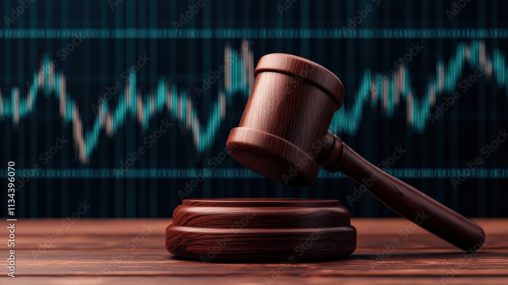 Poster law restriction policy concept. gavel resting on a wooden block with a financial graph in the backgr