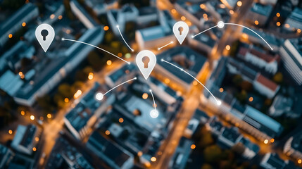 Aerial night city view with network connection points.