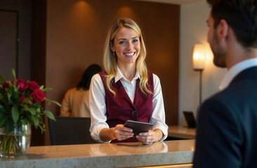 A smiling woman hotel administrator at the reception registers a man. The restaurant administrator reserves a table for a man. A woman at passport control checks a man's documents.