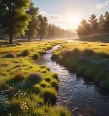 sun-drenched meadow with a river running through it, meadow, water, warm