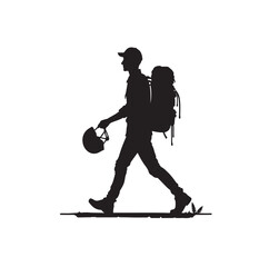 a man walking while holding a backpack and a helmet silhouette vector illustration