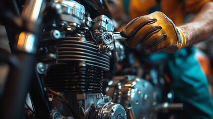 A mechanic adjusts a motorcycle engine with a wrench, showcasing hands-on repair skills and detailed craftsmanship in a workshop setting.