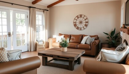 Fototapeta premium A cozy living room with a large brown leather sofa, a wooden coffee table, and a decorative wall clock.