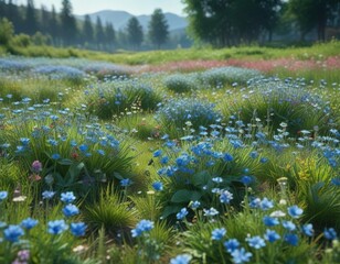 Fototapeta premium Bleu et vert ?clatant dans un champ de fleurs sauvages, flore, naturel, verte