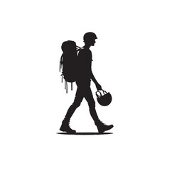 a man walking while holding a backpack and a helmet silhouette vector illustration