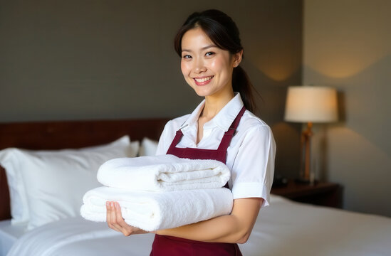 Portrait of an Asian woman maid in a hotel holding white towels in her hands against the background of the bed. A cleaning lady in a burgundy apron is cleaning a hotel room. Cleaning a hotel room.