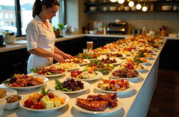 Obraz premium Banquet in a restaurant. Table with a lot of dishes. The table is set. Brunch at the restaurant. Breakfast at the hotel.