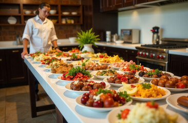 Buffet at the hotel. A table with a lot of different dishes in a restaurant. Brunch at the restaurant. Breakfast at the hotel.