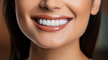 Obraz premium Beautiful female smile after teeth whitening procedure. Dental care. Dentistry concept.