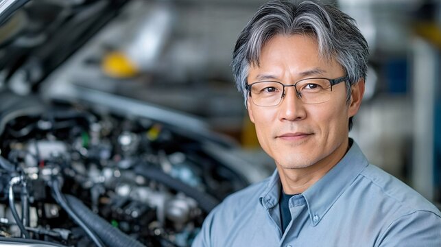 A confident mechanic stands beside an open car hood, showcasing his expertise and dedication in a well-lit workshop environment.