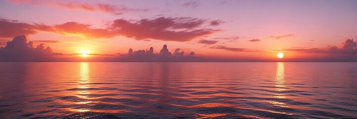 Naklejka premium Radiant orange and pink hues of sunset on a calm sea, daytime scene, soft illumination