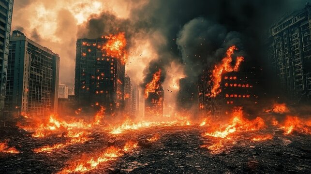 Smoke and fire engulf the city as battles continue.