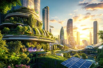 Obraz premium A vibrant and utopian cityscape covered in greenery, solar panels, and futuristic eco-friendly architecture, bathed in warm sunlight and surrounded by a bright blue sky.