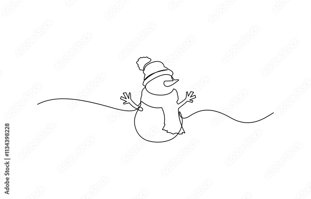 Poster continuous line art drawing a smiling snowman, a cute smiley snowman drawn in continuous line art wi