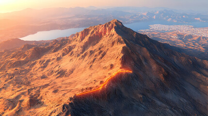 Aerial view of a volcanic mountain at sunset, with lava flowing down its side.