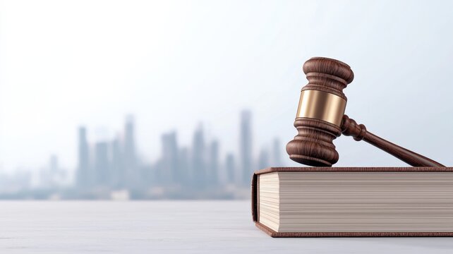law restriction policy concept. Gavel resting on a book with a city skyline in the background.