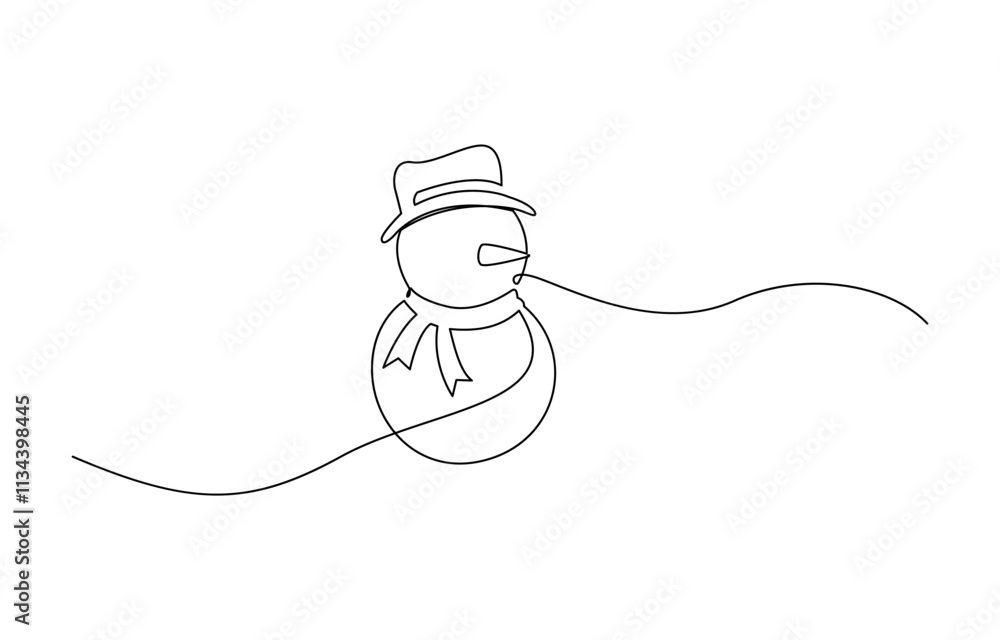 Poster continuous line art drawing a smiling snowman, a cute smiley snowman drawn in continuous line art wi