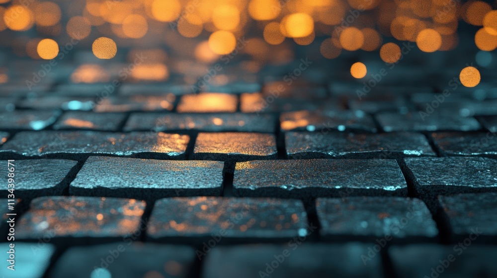 Poster close-up of wet cobblestone pavement with blurred orange bokeh lights in the background