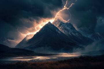 Fototapeta premium Enchanting mountain scenery illuminated by lightning
