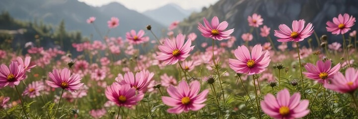 Fototapeta premium Pink Cosmos flowers swaying in the morning breeze , grass, soft, petals
