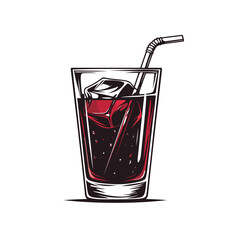 Stylized glass of dark red liquid with ice cubes and straw.