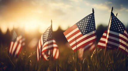 Flags wave gently at sunset in a vibrant field celebrating freedom and unity. Generative AI