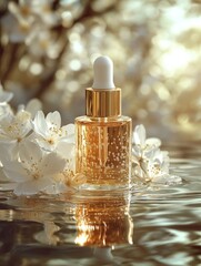 Essential oil bottle on the water with flowers.