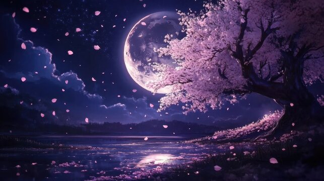 The moon shines brightly over vibrant sakura flowers.