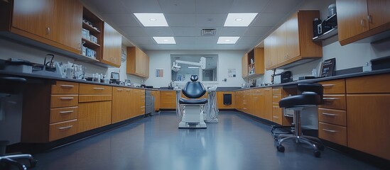 Empty modern dental surgery with wood cabinets and a dental chair.