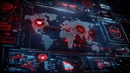 World map digital interface with red cyber security icons and data visualizations.