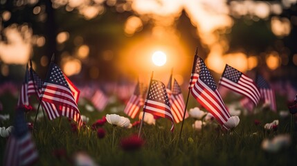 American flags fluttering in the gentle breeze at sunset in a memorial park. Generative AI