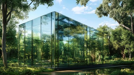 Obraz premium A secluded glass house in a clearing, reflecting the surrounding trees and sky, making it appear nearly invisible from a distance