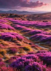 Obraz premium Gorse and heather-covered moorland with vibrant purple and pink tones, Cornwall, shallow depth, natural scenery
