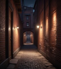 Fototapeta premium Narrow dimly lit passageway between two old brick buildings, worn, narrow, overgrown