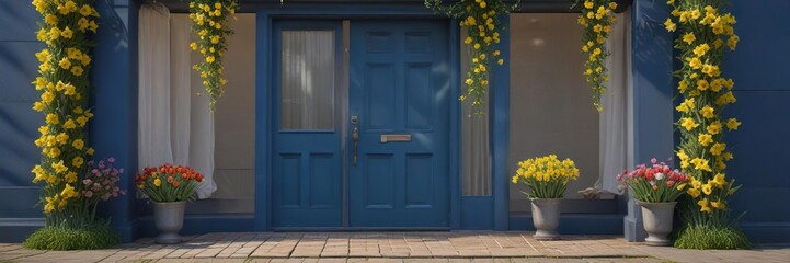 A blue front door with a garland of daffodils and tulips wrapped around the frame, blue front door, yellow flowers