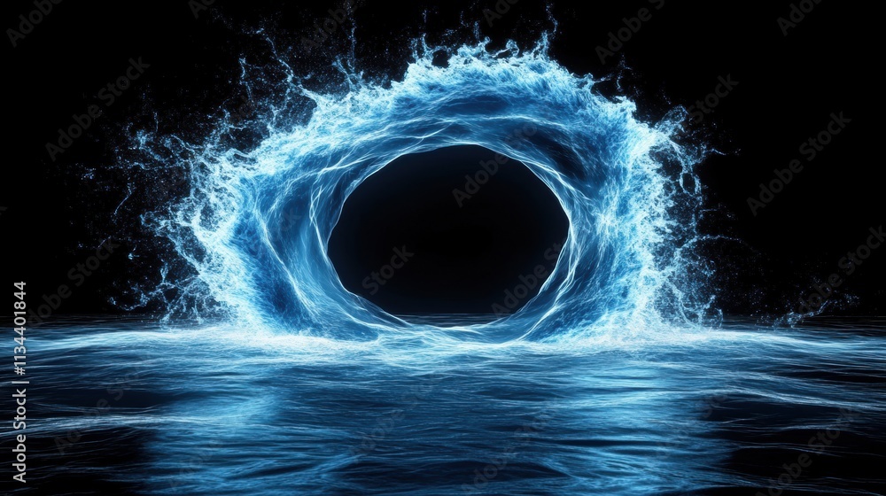Poster abstract water vortex forming a circular portal with splashes and waves on a dark background.
