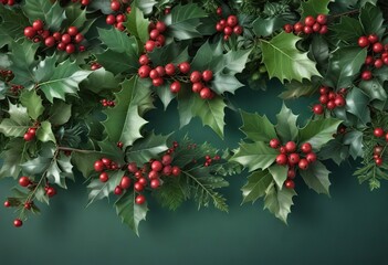 Obraz premium Muted green gradient background with festive holly leaves and berries, winter wonderland, foliage, holly