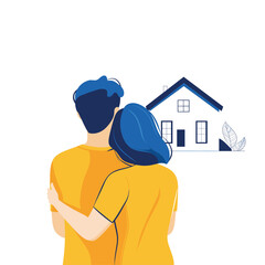 Illustration of a couple embracing, facing a home.
