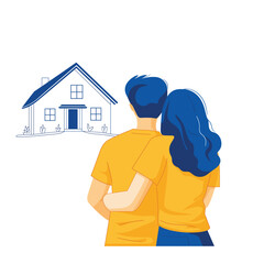 Illustration of a couple embracing, facing a home.