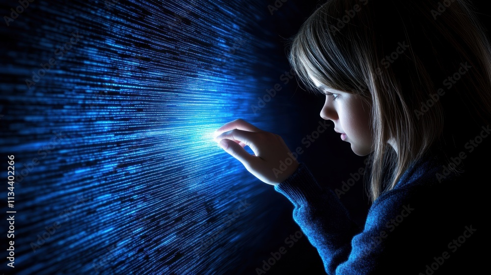 Poster child touching a glowing blue digital interface in a dark environment. futuristic and technology con