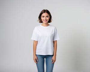 Young woman with short hair wearing white oversized t-shirt and jeans isolated on grey background
